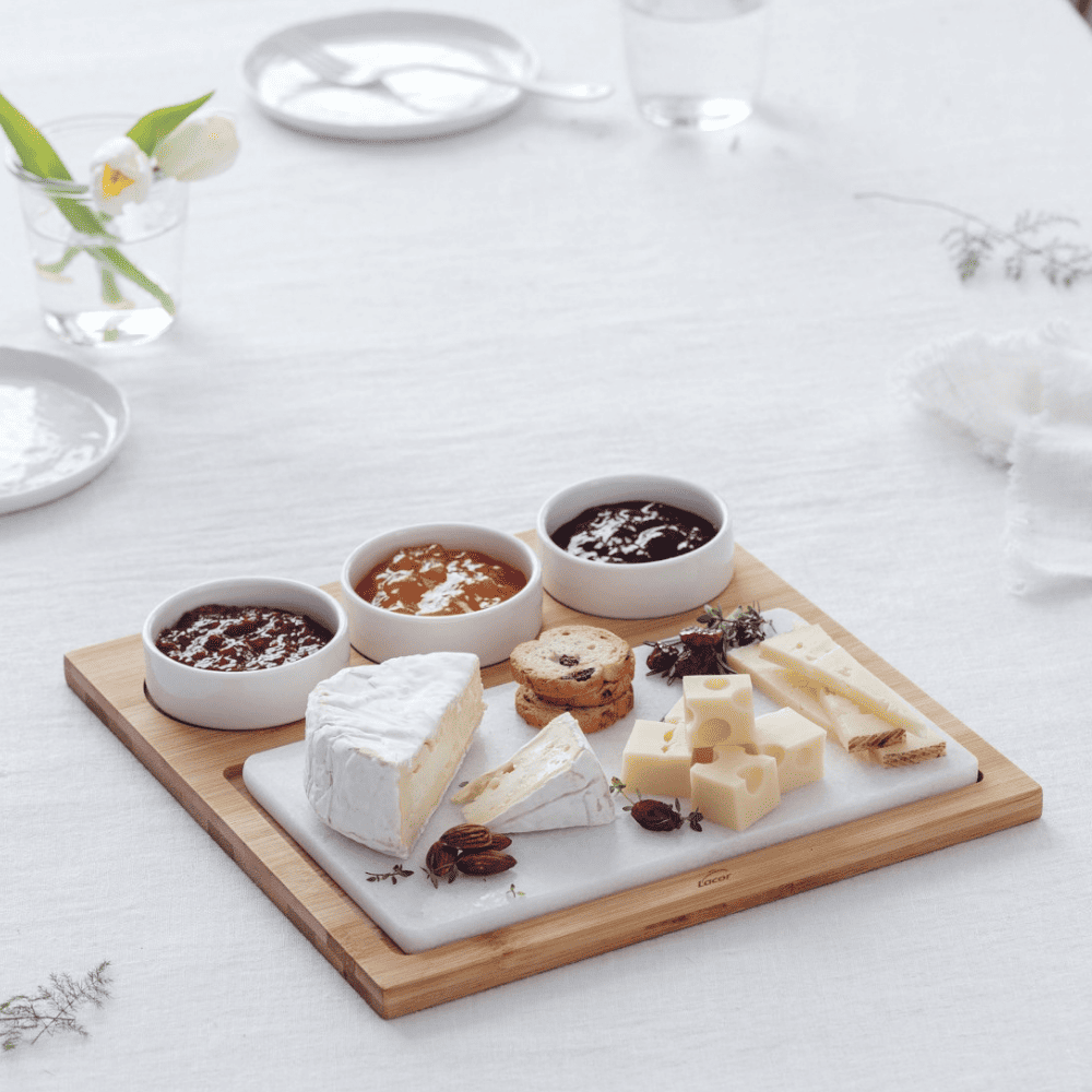 Planche Marbre et Bambou (28cm + 3 bols porcelaine 8cm)