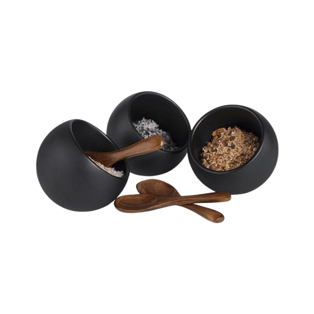 Set de 3 bols en mélamine + 3 cuillères en bois MOON Noir (Ø8cm)