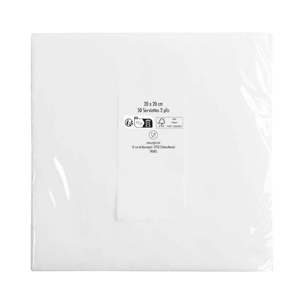 Paquet de 50 SERVIETTES PAPIERS 20X20cm (BLANC)